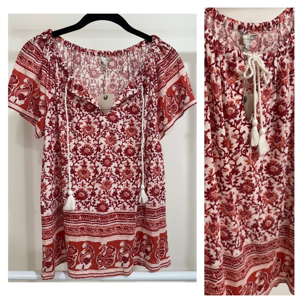 NWT Lucky Brand Boho Tassel Tie Short Sleeve Pattern Blouse in Cotton & Linen